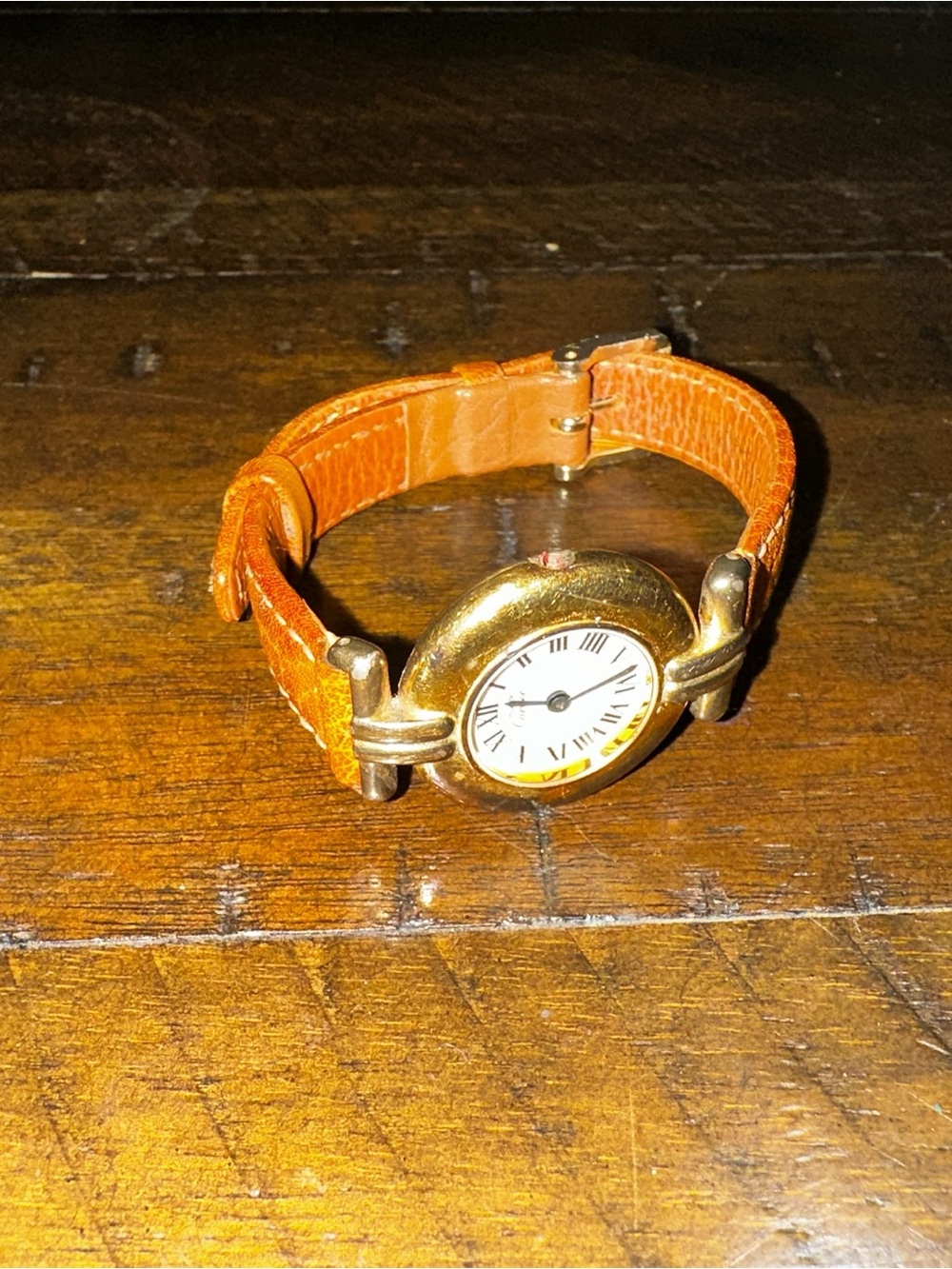 Cartier Gold Round Watch with Brown Leather Strap
